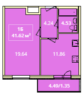 Однокомнатная квартира 41.62 м²