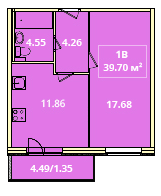 Однокомнатная квартира 39.7 м²
