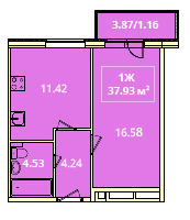 Однокомнатная квартира 37.93 м²