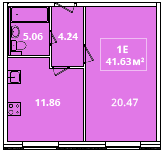 Однокомнатная квартира 41.63 м²