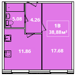 Однокомнатная квартира 38.88 м²