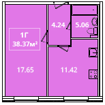 Однокомнатная квартира 38.37 м²